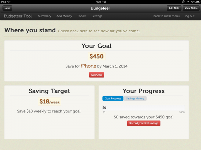 Savings Goal Screen Shot