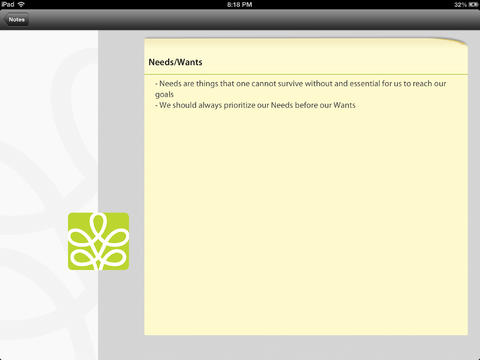 Budgeteer Notes App Screen Shot of Needs/Wants