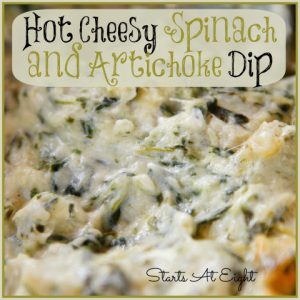 Hot Cheesy Spinach and Artichoke Dip from Starts At Eight