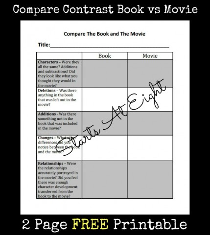 Compare Contrast Book vs Movie FREE Printable from Starts At Eight