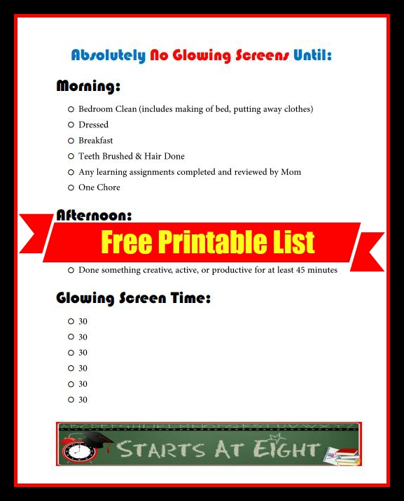 No Glowing Screens FREE Printable List from Starts At Eight