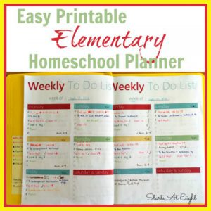 Easy Printable Elementary Homeschool Planner from Starts At Eight Use a FREE Printable Planner page and a few inexpensive supplies to create a simple homeschool planner for your elementary homeschooler.