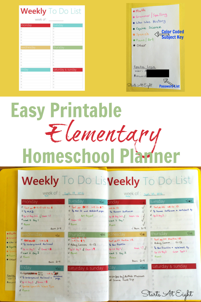 Easy Printable Elementary Homeschool Planner from Starts At Eight Use a FREE Printable Planner page and a few inexpensive supplies to create a simple homeschool planner for your elementary homeschooler.