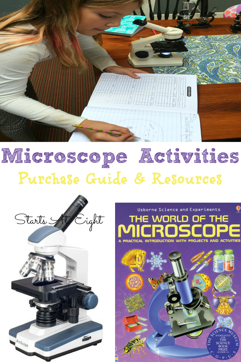 Microscope Activities - Includes Purchase Guide & Resources from Starts At Eight. Learn what features to look for in a microscope, engage in learning the parts of a microscope, participate in microscope activities, and check out other microscope resources and books. Great for homeschoolers of ages - elementary, middle school and high school alike!