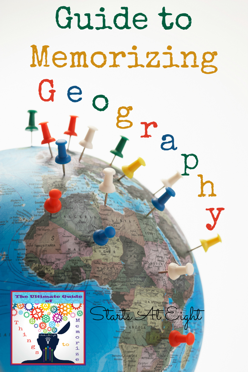 This Guide to Memorizing Geography from Starts At Eight offers lists and resources for helping your children memorize basic geography facts such as continents, countries, states, capitals, and major land forms.