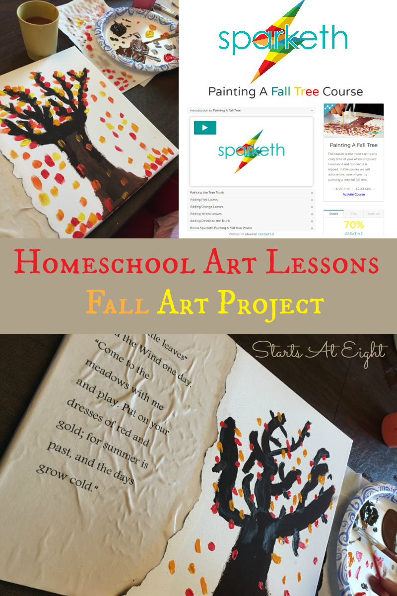 Homeschool Art Lessons: Fall Art Project from Starts At Eight. Using online video resources is a great way to enhance your homeschool art. Check out this Fall Leaves Poetry Art project I created with the help of Sparketh.com.