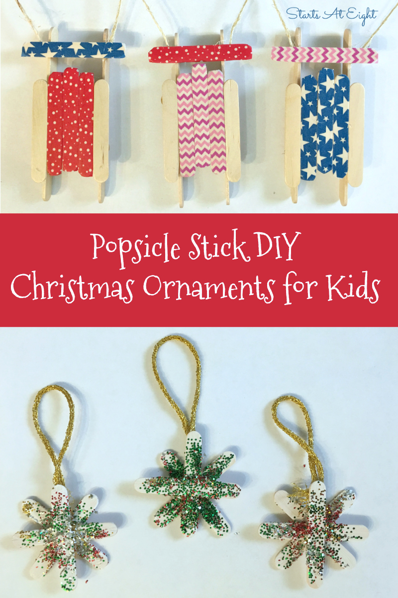 Popsicle Stick DIY Christmas Ornaments for Kids from Starts At Eight. Stock up on Popsicle sticks and make some of these fun Popsicle Stick DIY Christmas Ornaments for Kids! Trees, stars, sleds, reindeer and more!