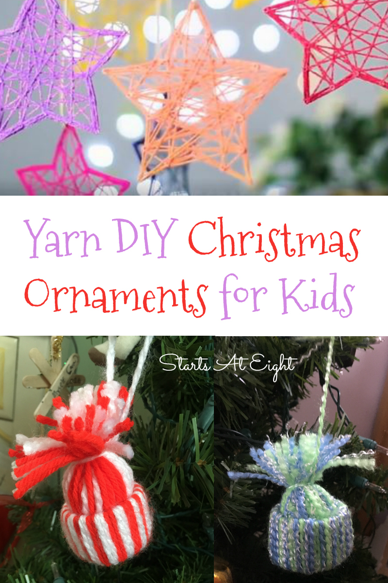 Yarn DIY Christmas Ornaments for Kids from Starts At Eight. Stock up on various colors of yarn and make some of these fun Yarn DIY Christmas Ornaments for Kids! Trees, stars, reindeer and more!