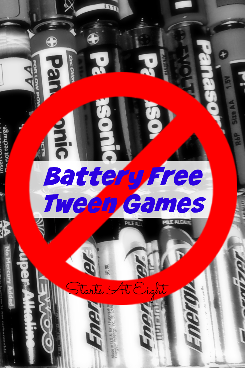 Battery Free Tween Games from Starts At Eight. Battery Free Tween Games - A list of fun games that will get your kids out of their phones and into the fun! Board, card, tabletop, trivia, and more!