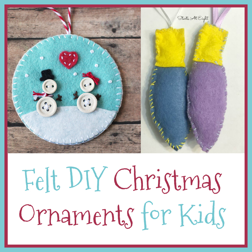 Felt DIY Ornaments for Kids from Starts At Eight. Stock up on various colors of felt and make some of these Felt DIY Christmas Ornaments for Kids! Trees, snow globes, angels, candy canes, bulbs and more!