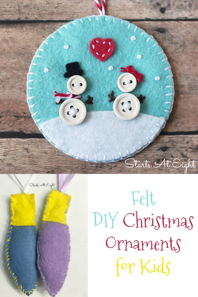 Felt DIY Ornaments for Kids from Starts At Eight. Stock up on various colors of felt and make some of these Felt DIY Christmas Ornaments for Kids! Trees, snow globes, angels, candy canes, bulbs and more!