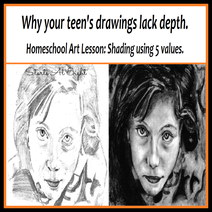 Why your teen's drawings lack depth - A Homeschool Art Lesson: Shading Using 5 Values. Learn to add depth and contrast to your drawings using these 5 shading techniques. Includes a FREE Printable Lesson & Resource Pack for your artist. 