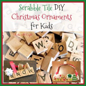 Scrabble Tile DIY Ornaments for Kids from Starts At Eight. Stock up on Scrabble Tiles and make some of these fun Scrabble Tile DIY Christmas Ornaments for Kids! Use words like snow, Merry Christmas, Jingle Bells and more!