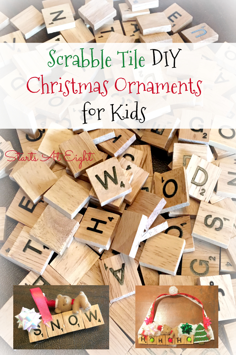 Scrabble Tile DIY Ornaments for Kids from Starts At Eight. Stock up on Scrabble Tiles and make some of these fun Scrabble Tile DIY Christmas Ornaments for Kids! Use words like snow, Merry Christmas, Jingle Bells and more!