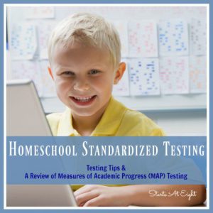 Homeschool Standardized Testing: Testing Tips & A Review of Measures of Academic Progress (MAP) Testing from Starts At Eight. Whether required or not homeschool testing can be a useful tool for assessing gaps in learning and tracking student progress.