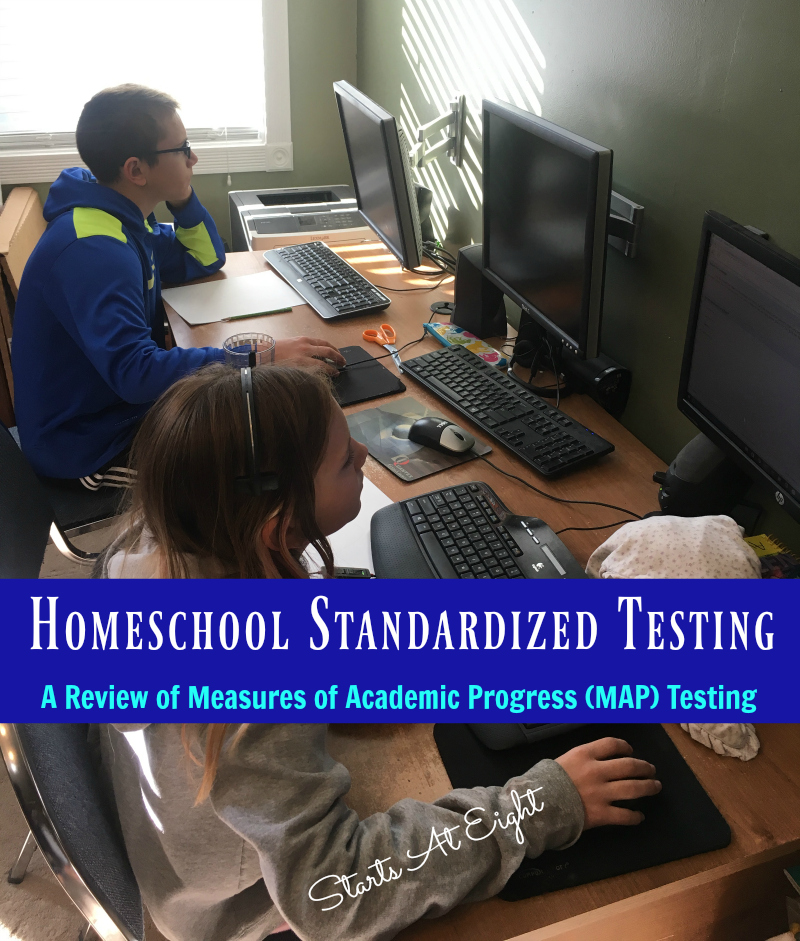 Homeschool Standardized Testing: Testing Tips & A Review of Measures of Academic Progress (MAP) Testing from Starts At Eight. Whether required or not homeschool testing can be a useful tool for assessing gaps in learning and tracking student progress.