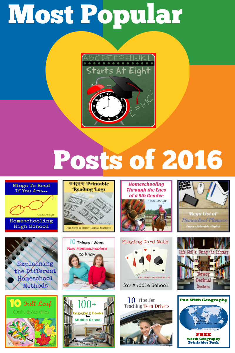 Most Popular Starts At Eight Posts of 2016 includes FREE Printables, Homeschool High School Help, Art Projects, Math Games and more!