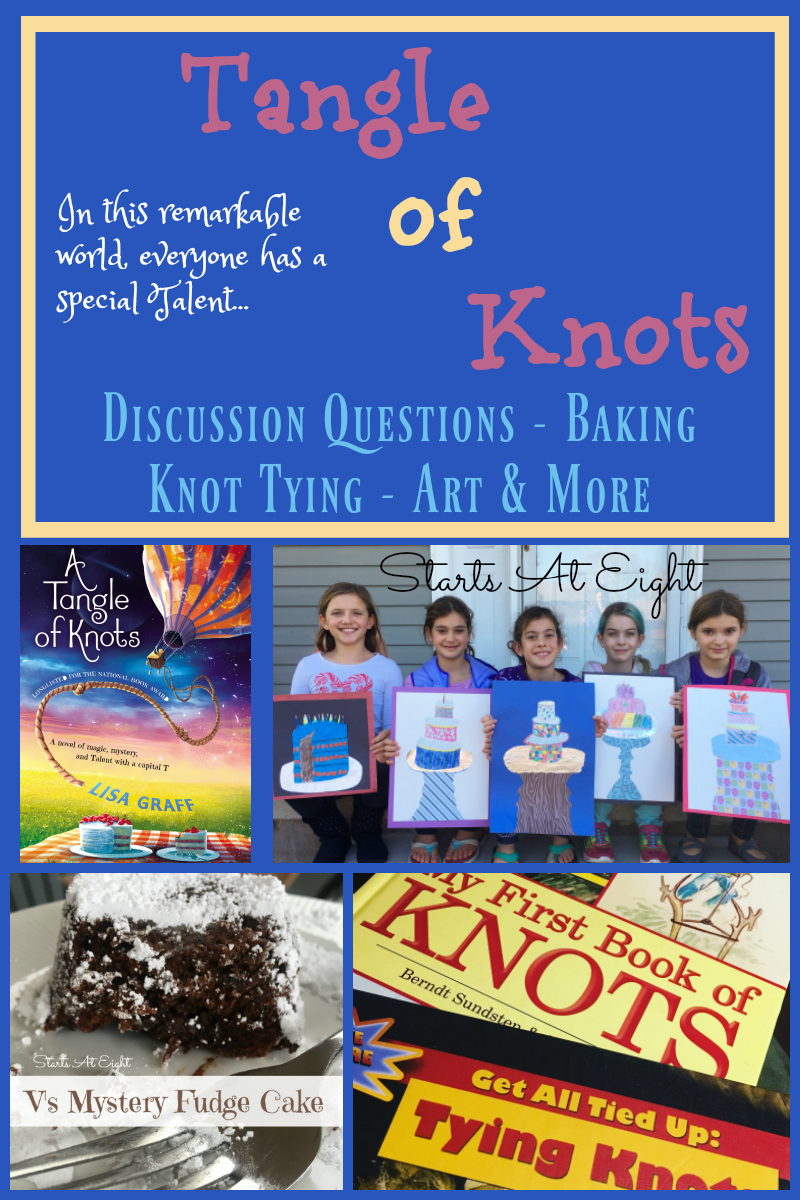 Tangle of Knots Activities from Starts At Eight includes discussion questions, study guide, vocabulary, free printables, knot tying, baking, an art project and more!