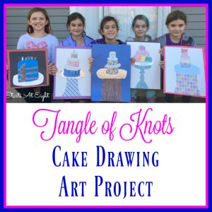 Tangle of Knots Cake Drawing Art Project from Starts At Eight. A drawing art project that includes drawing a cake, adding detailed decorations, and using colored pencils. A great project to go along with reading Tangle of Knots.