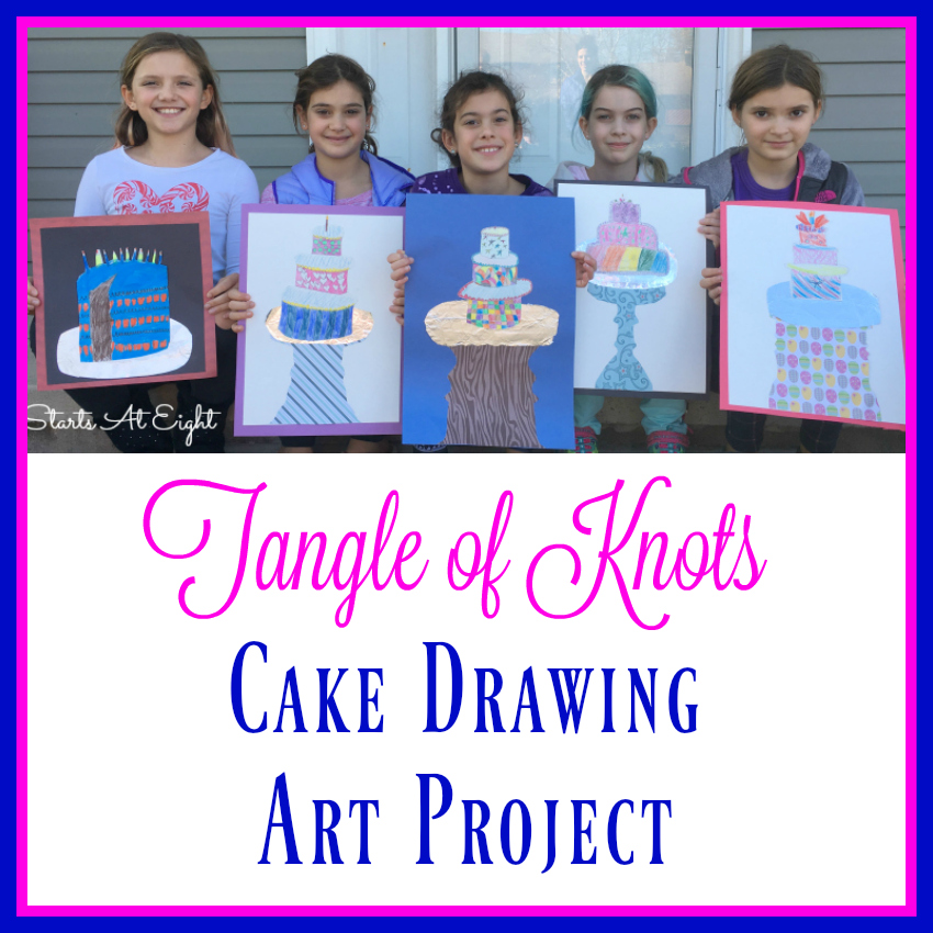 Tangle of Knots Cake Drawing Art Project from Starts At Eight. A drawing art project that includes drawing a cake, adding detailed decorations, and using colored pencils. A great project to go along with reading Tangle of Knots.