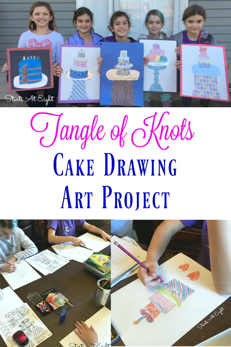 Tangle of Knots Cake Drawing Art Project from Starts At Eight. A drawing art project that includes drawing a cake, adding detailed decorations, and using colored pencils. A great project to go along with reading Tangle of Knots.