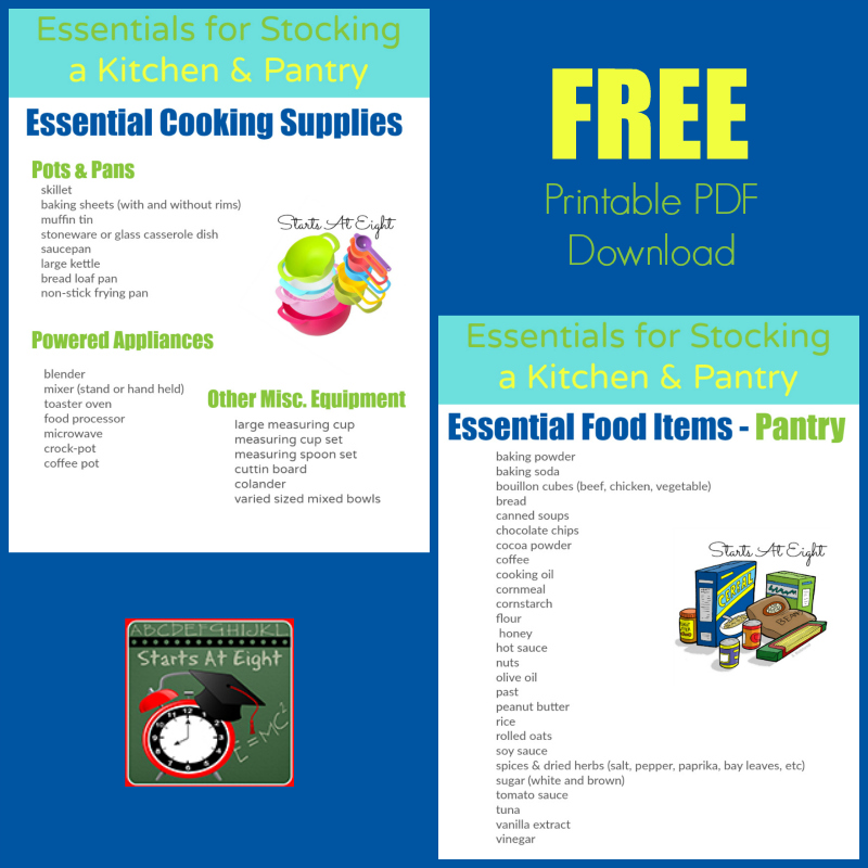 Essentials for Stocking a Kitchen & Pantry FREE PDF Printable from Starts At Eight