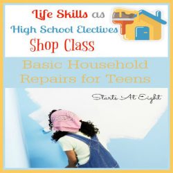 Life Skills as High School Electives: Basic Household Repairs for Teens from Starts At Eight. Teaching Basic Household Repairs is an important part of learning to maintain a home. Things like painting, caulk, and hanging pictures just to name a few. Use the FREE Printable to keep track of what they have accomplished!