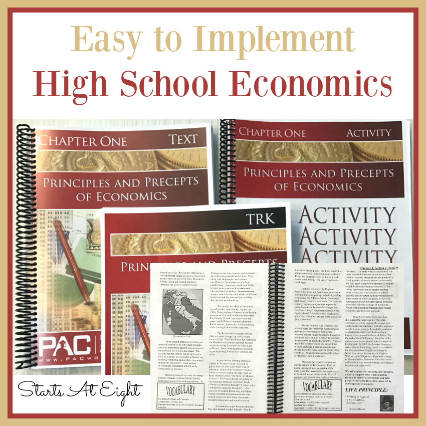 Easy to Implement High School Economics from Starts At Eight. Paradigm Accelerated High School Economics is an easy to implement curriculum that includes test, activities, quizzes, test, and answer key. Give your high school student a solid half credit high school economics curriculum at an affordable price.