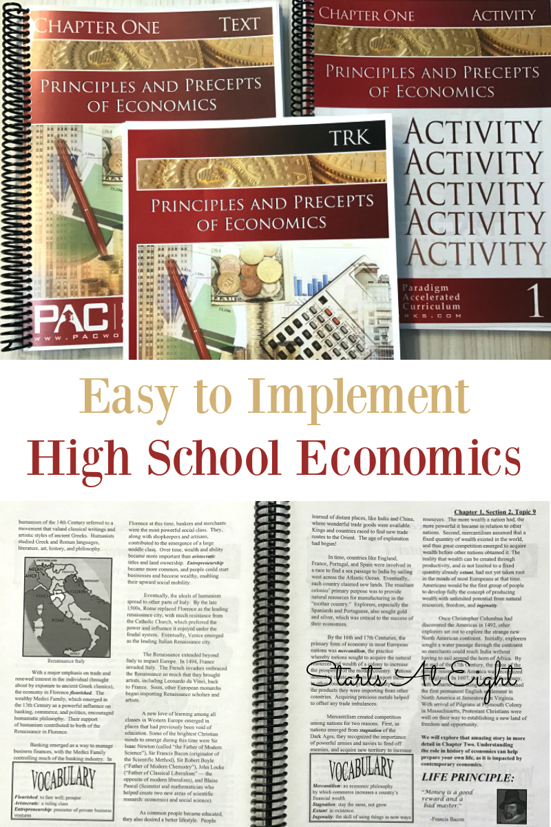 Easy to Implement High School Economics from Starts At Eight. Paradigm Accelerated High School Economics is an easy to implement curriculum that includes test, activities, quizzes, test, and answer key. Give your high school student a solid half credit high school economics curriculum at an affordable price. 