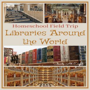 Homeschool Field Trip: Libraries Around the World from Starts At Eight. Libraries offer architectural, artistic, & historical opportunities to those that visit. Making them a great homeschool field trip option.