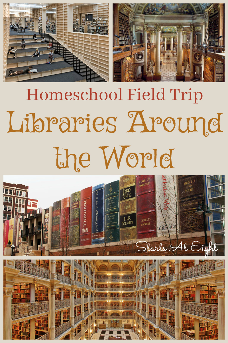 Homeschool Field Trip: Libraries Around the World from Starts At Eight. Libraries offer architectural, artistic, & historical opportunities to those that visit. Making them a great homeschool field trip option.