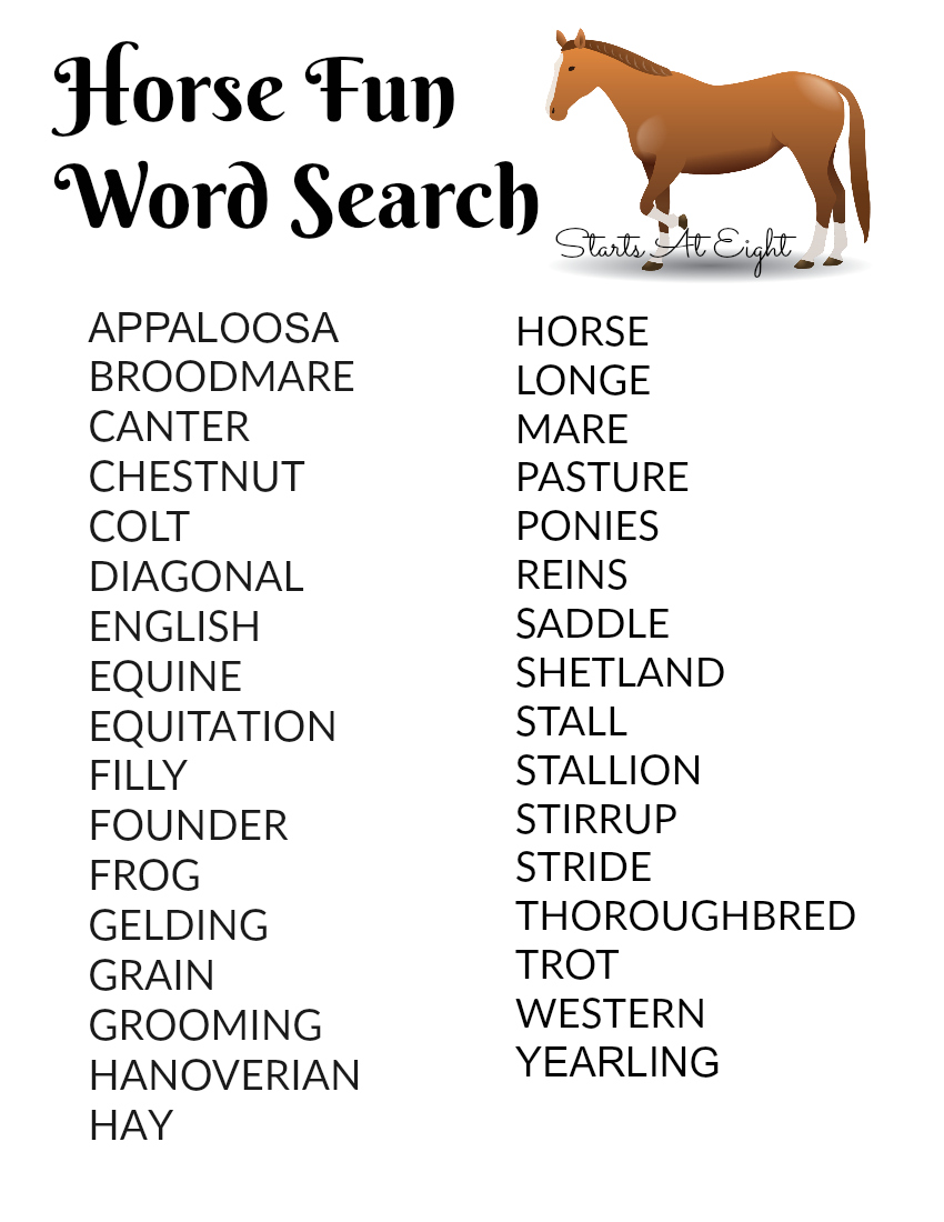 Horse Fun Word Search Words FREE Printable from Starts At Eight