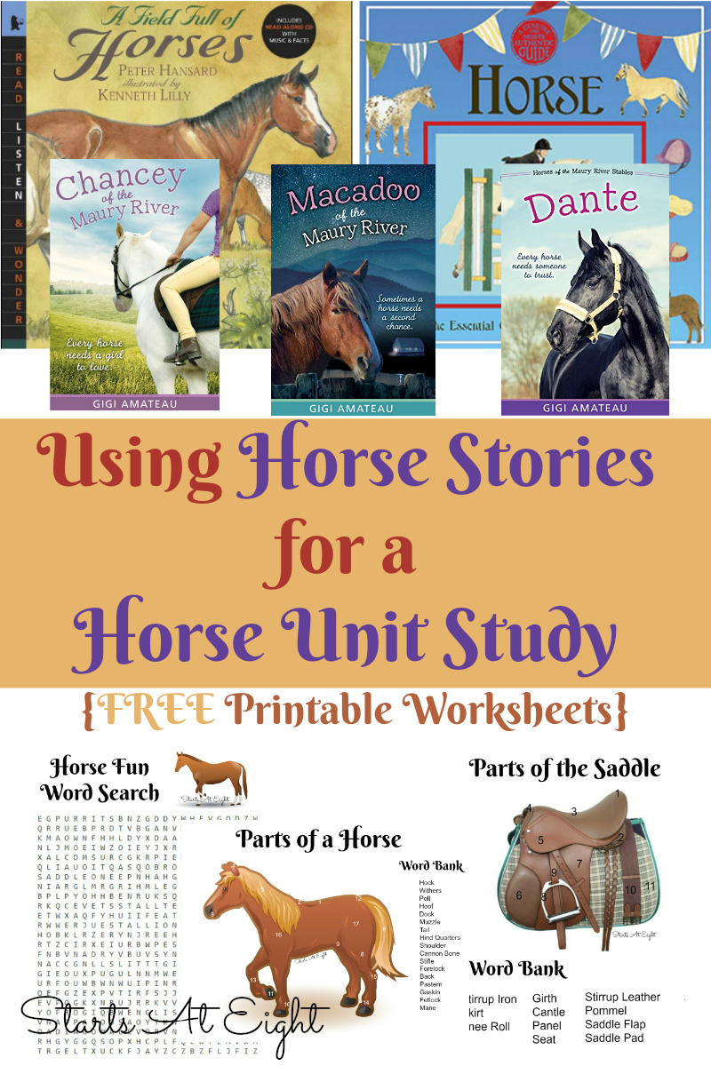 Using Horse Stories and Non-Fiction Books for a Horse Unit Study from Starts At Eight. Using Horse Stories is a great way to foster a love of learning with fun stories and hands on knowledge! Includes FREE Printable Horse Knowledge Worksheets.