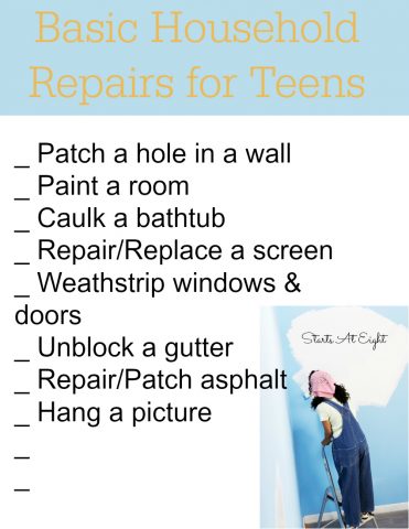 Basic Household Repairs for Teens FREE Printable List from Starts At Eight