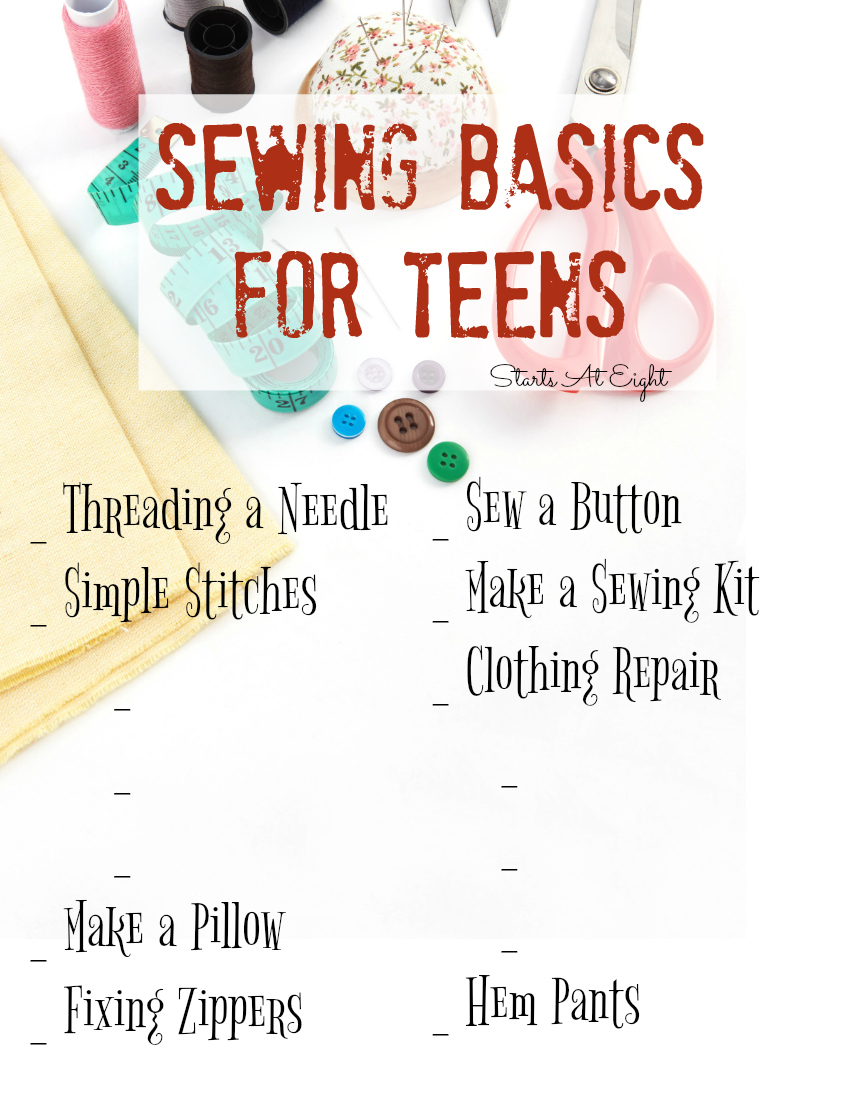 Life Skills as High School Electives - Home Economics: Sewing Basics for Teens from Starts At Eight. Teach your kids to sew basic stitches, mend clothing, sew buttons, and more!