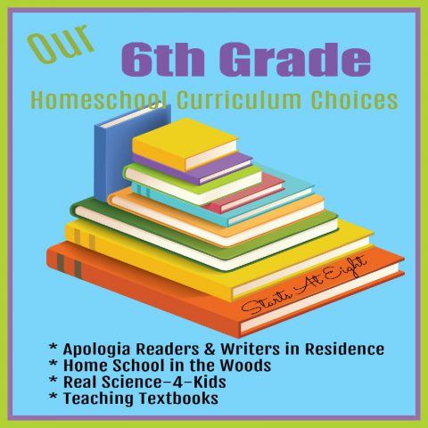 Our 6th Grade Homeschool Curriculum Choices from Starts At Eight include things like Teaching Textbooks, Apologia Readers & Writers in Residence, Real Science-4-Kids and Homeschool in the Woods.