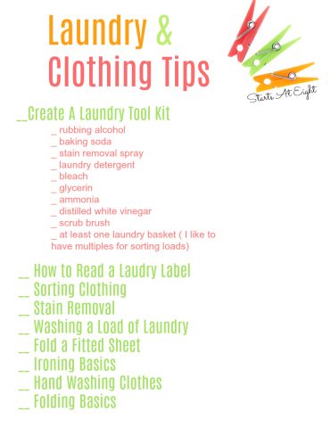 Life Skills as High School Electives: Laundry and Clothing Tips from Starts At Eight teaches our teens things like sorting, stain removal, and folding. Includes a FREE Printable List for record keeping.