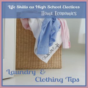 Life Skills as High School Electives: Laundry and Clothing Tips from Starts At Eight teaches our teens things like sorting, stain removal, and folding. Includes a FREE Printable List for record keeping.