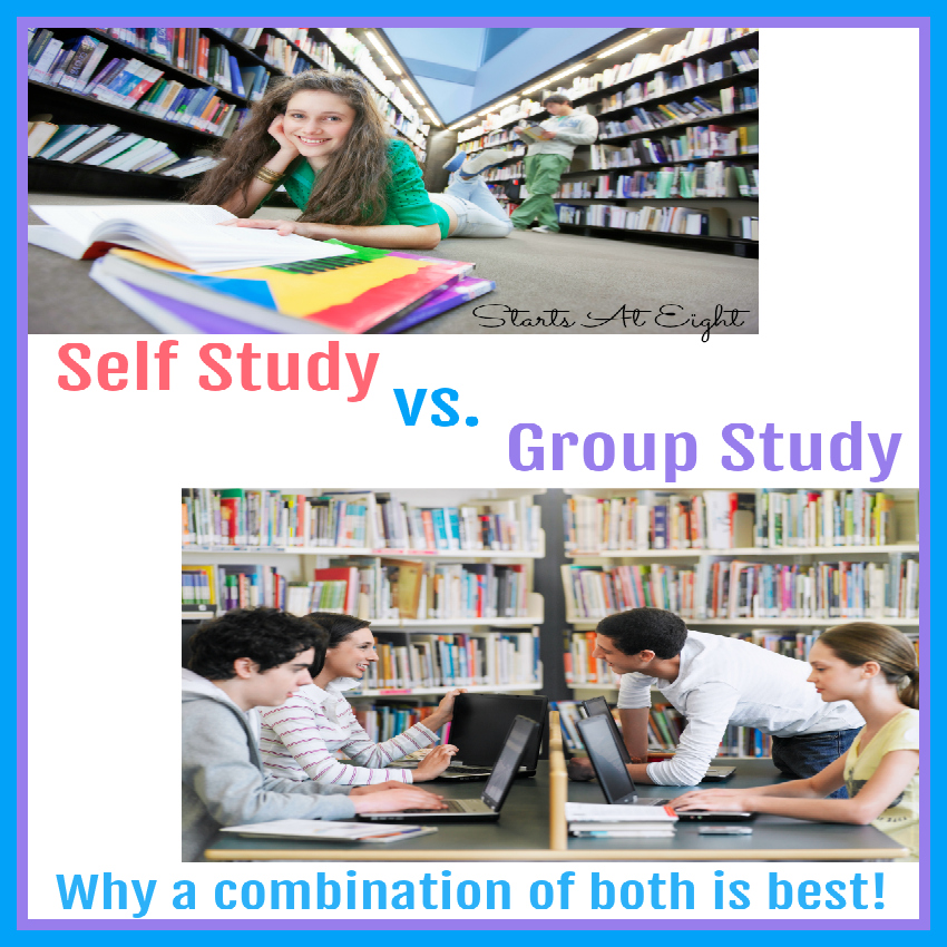 Self Study vs. Group Study from Starts At Eight. Self Study vs. Group Study takes a look at the pros and cons between the two. There are benefits to both that suggest using a healthy mix!