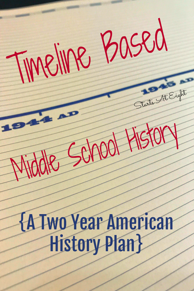 Timeline Based Middle School History {A Two Year American History Plan} from Starts At Eight is a two year plan (including resources) for teaching middle school history with a timeline as the spine.