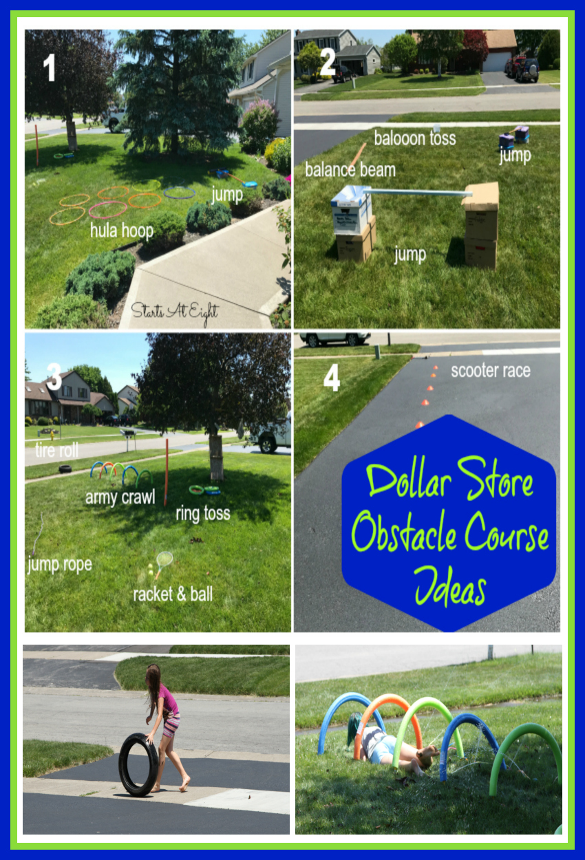 Dollar Store Obstacle Course Ideas from Starts At Eight. Using Dollar Store products we created a super fun and active birthday party with tons of obstacle course ideas put together to create one fun course!