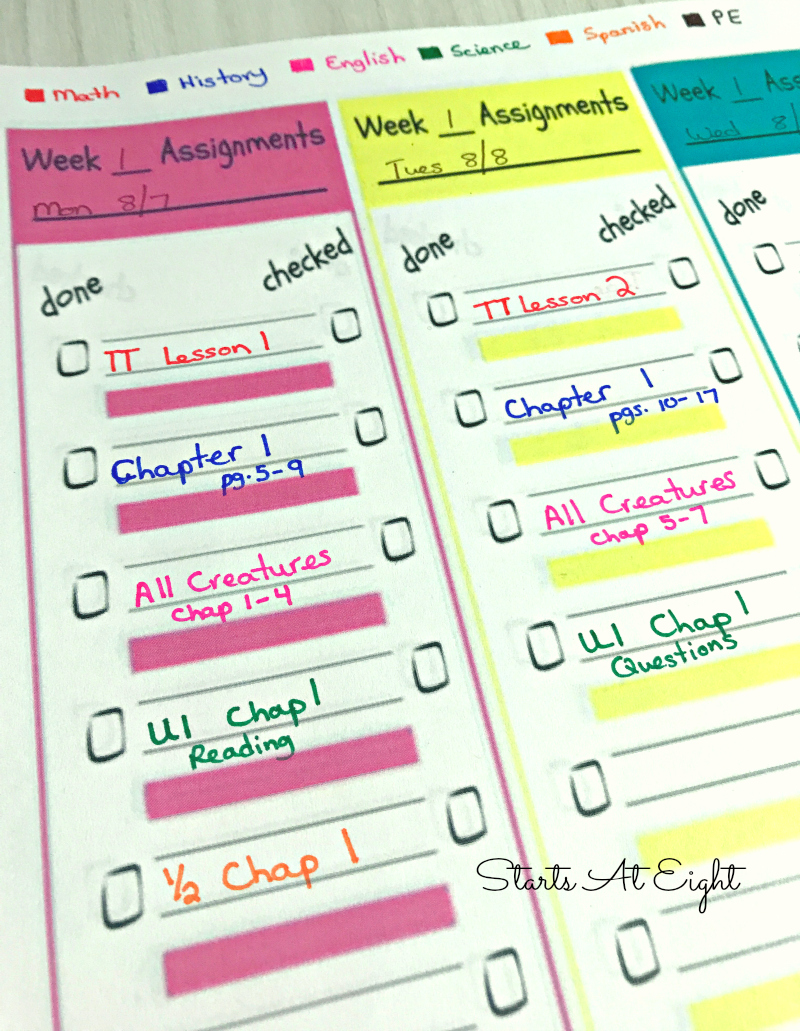 Homeschool High School Planning for the kid who "Just Wants to Get it Done" from Starts At Eight. This is a no muss no fuss planning method for you and student planner for you child with FREE Weekly Assignments Checklist Style Planner Pages.