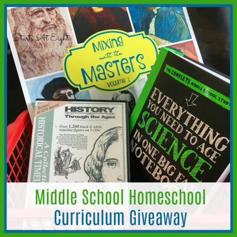 This Middle School Homeschool Curriculum Basket includes goodies from Home School in the Woods, Alisha at Masterpiece Society, and more!