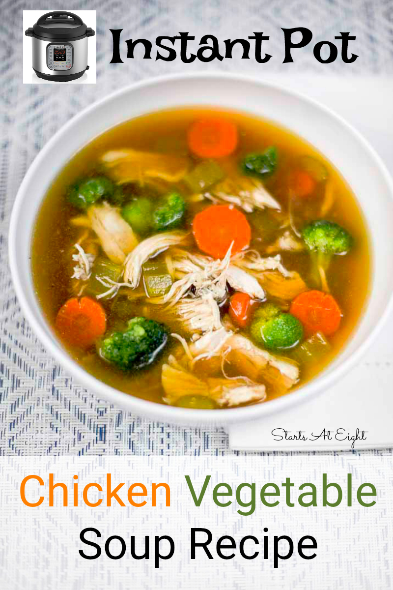 Instant Pot Chicken Vegetable Soup Recipe from Starts At Eight. This Instant Pot Chicken Vegetable Soup is easy to make & great for whole food lovers. You can also easily add chicken or rice for a more hearty meal!