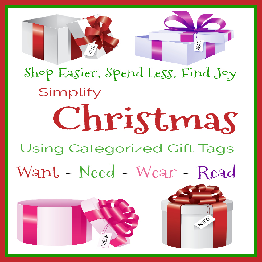 Simplify Christmas Using Categorized Gift Tags: Want - Need - Wear - Read from Starts At Eight. Christmas shopping/giving can become overwhelming, over done, and over spent. Try to Simplify Christmas Using Categorized Gift Tags: Want, Need, Wear, Read.