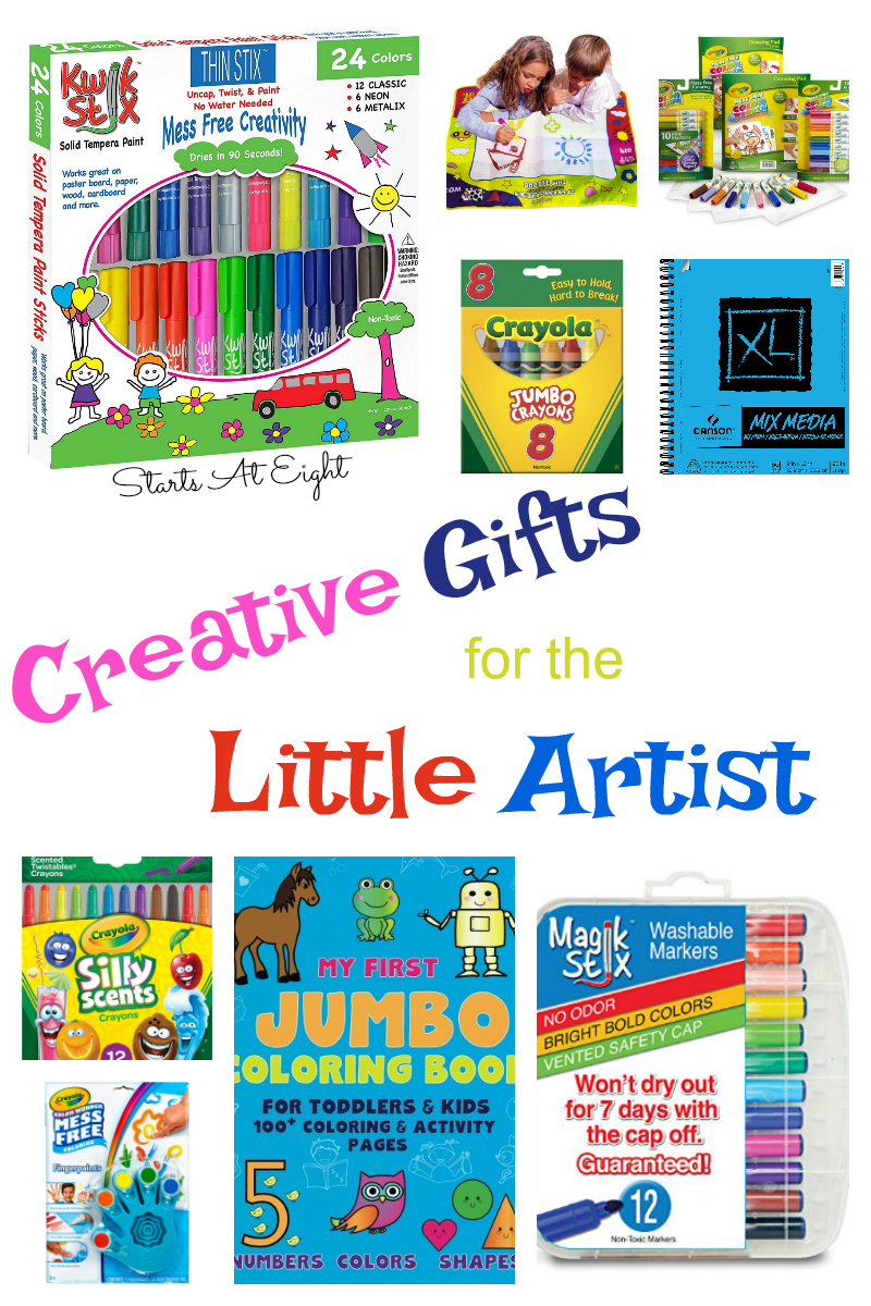 Creative Gifts for the Little Artist from Starts At Eight includes mess free and little hand friendly item suggestions. Paint, marker, crayon and more!