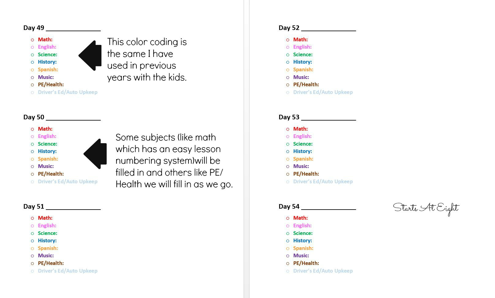 Planning a 4 Day Homeschool Week from Starts At Eight includes reasons why you might choose to school 4 days a week as well as a method and printables for planning!