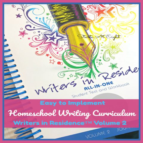 Easy to Implement Homeschool Writing Curriculum: A Writers in Residence™ Volume 2 Review from Starts At Eight. This homeschool writing curriculum offers a laid out schedule, easy grading rubrics, real life examples, step by step writing improvement techniques, and even work with English grammar skills.