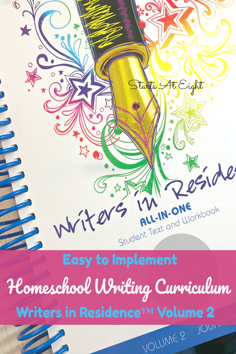 Easy to Implement Homeschool Writing Curriculum: A Writers in Residence™ Volume 2 Review from Starts At Eight. This homeschool writing curriculum offers a laid out schedule, easy grading rubrics, real life examples, step by step writing improvement techniques, and even work with English grammar skills.