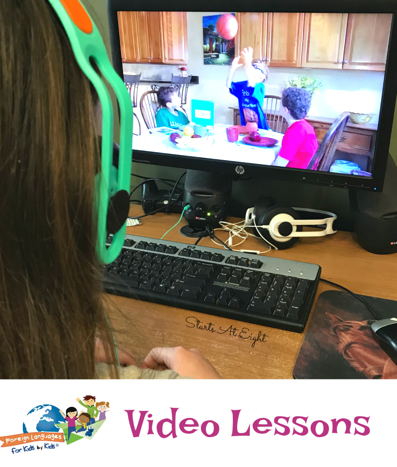 Spanish for Kids: A Foreign Languages for Kids by Kids® Review from Starts At Eight. This is an interactive Spanish program for kids that includes immersion videos, quizzes, flashcards, student workbooks, word stickers, teacher's guides and more. Perfect for homeschool kids of all ages!